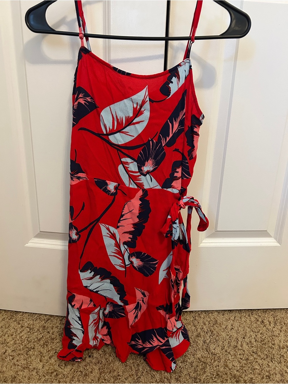 Express Red Floral Tie-Waist Sundress with Navy Accents